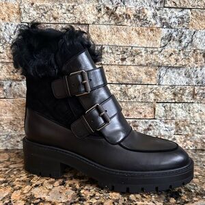 Aquazurra Ryan Lug-Sole Shearling Buckle Boot